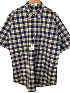 Peter Millar Navy, White & Yellow Plaid Short Sleeve Button-Down Shirt